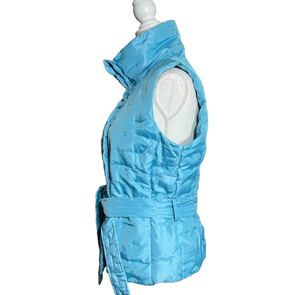 Goose Down Puffer Vest M Feather Cluster Turtleneck Zip Belted Embroidered Blue - Picture 7 of 13